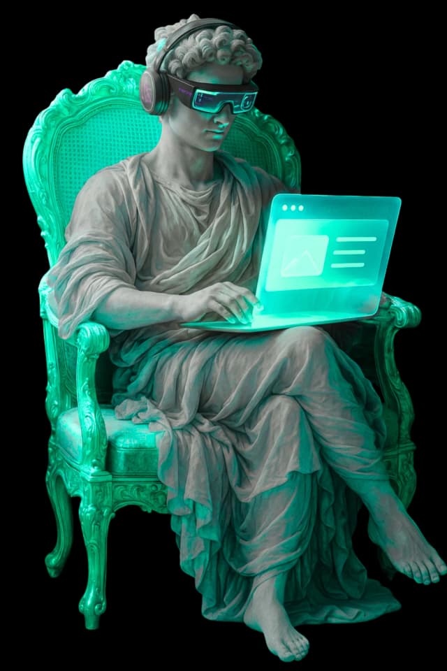 Especialista en automatización con elementos de IA, robots y workflows digitales en estilo neón